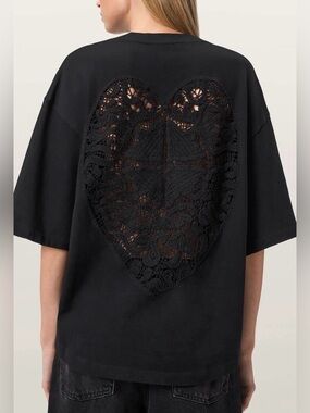 AllSaints UniSex Oversized Black Tee- Shirt w/Crochet Detailing on Back